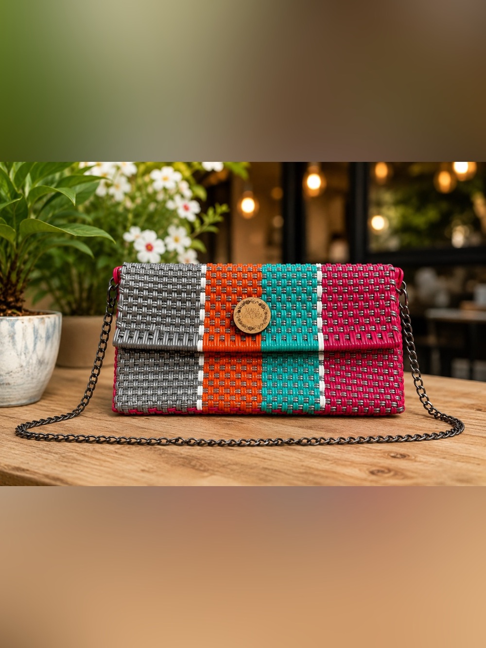 Woven Multicolor Chain Clutch — Gray, Orange, Teal & Pink